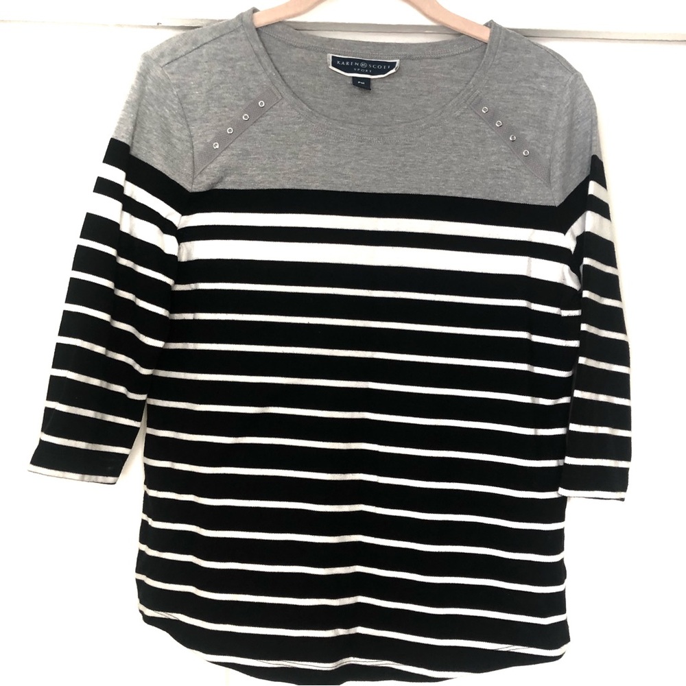 Karen Scott: woman’s petite shirt w/strips white, grey, black